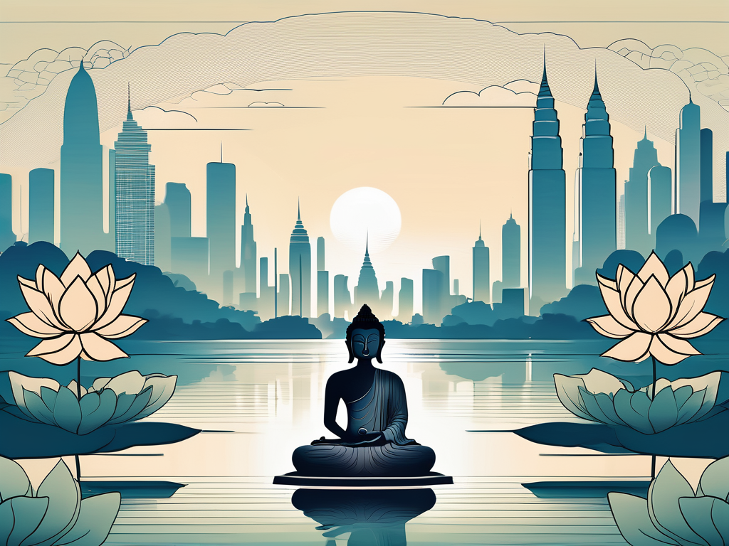 A serene landscape with a lotus flower in the foreground