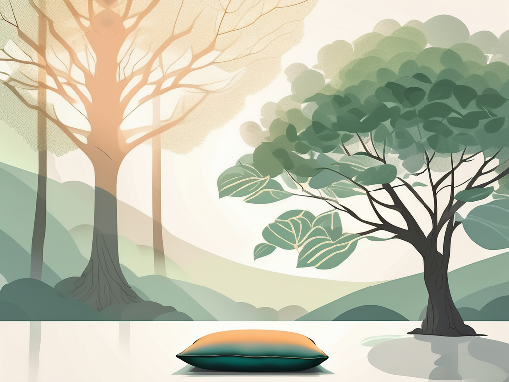 A serene landscape featuring a bodhi tree and a meditation cushion under it