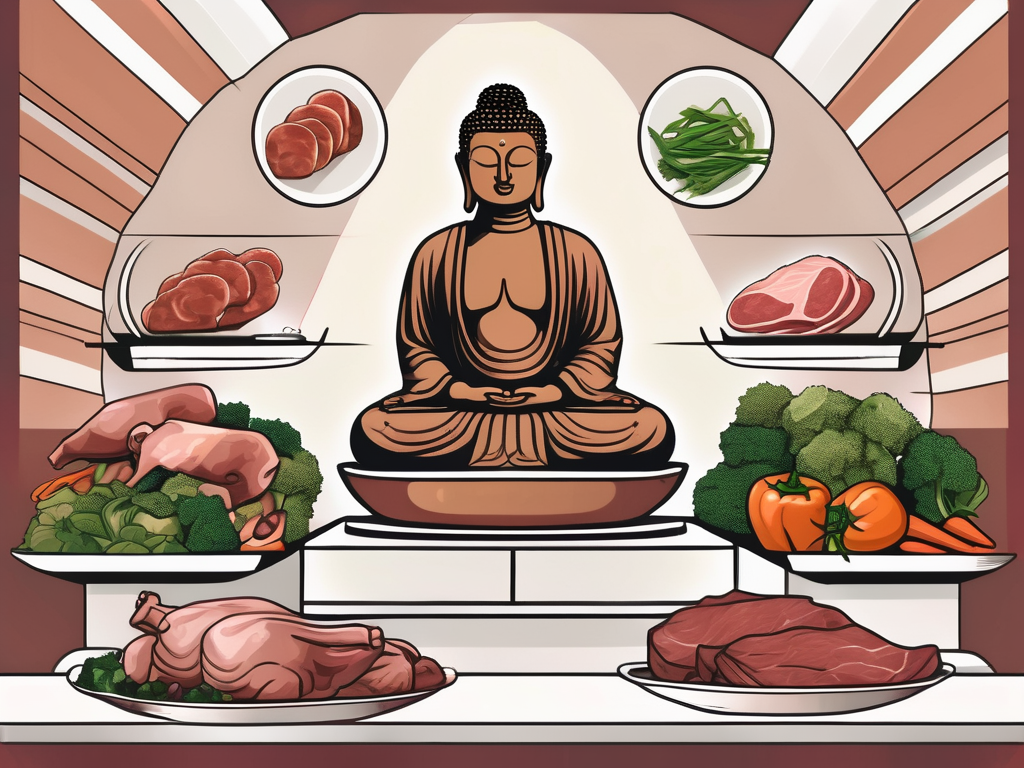 A buddha statue surrounded by various types of meat and vegetables