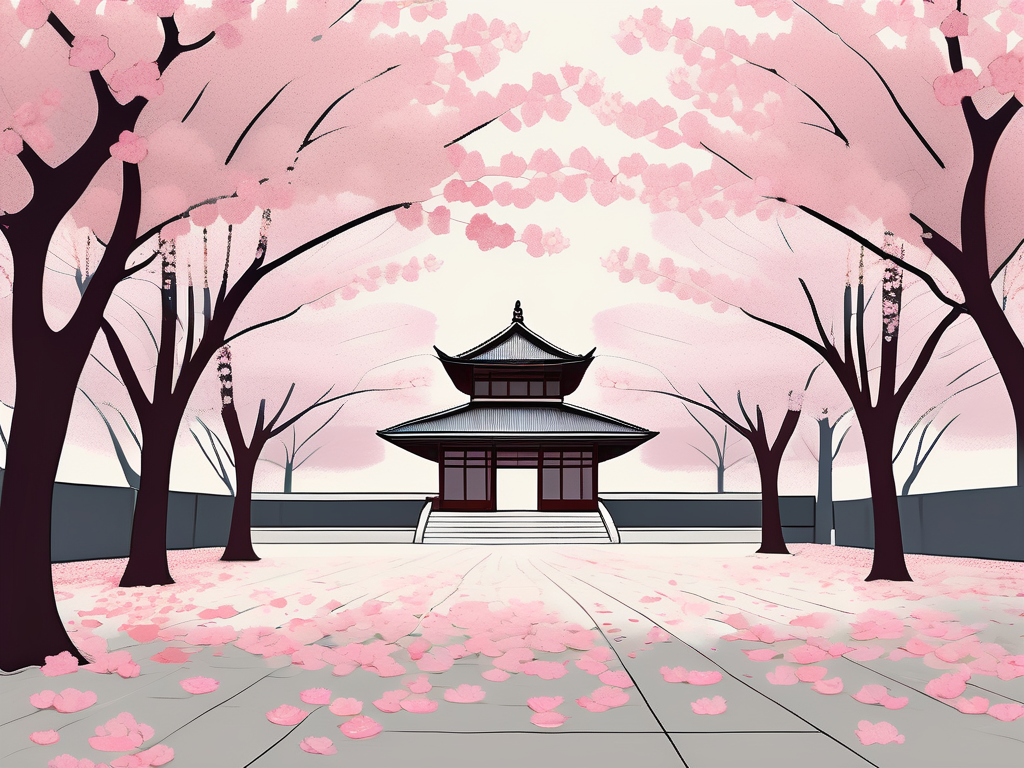 A serene buddhist temple garden with fallen cherry blossom petals on the ground