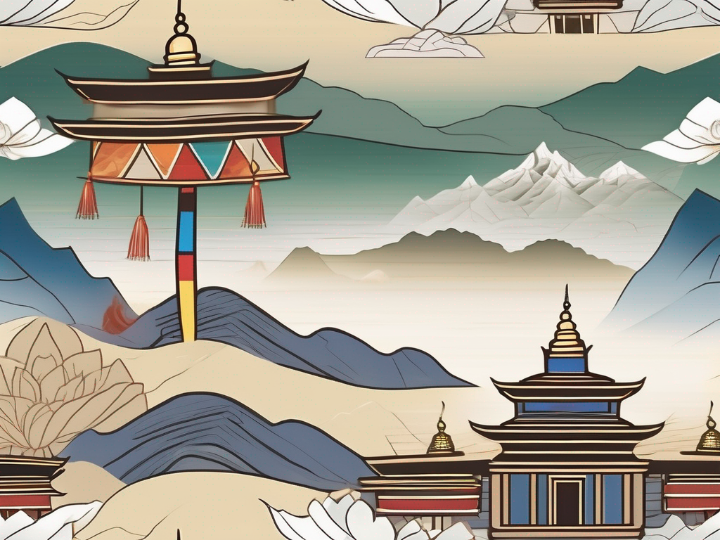 A serene tibetan landscape with a prominent buddhist temple