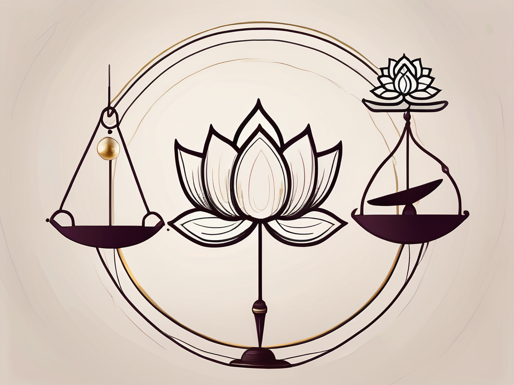A balanced scale with a lotus flower on one side and a dharma wheel on the other