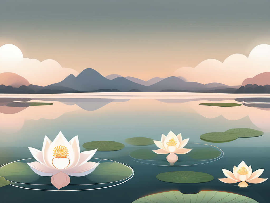 A serene landscape featuring a blooming lotus flower floating on a tranquil pond