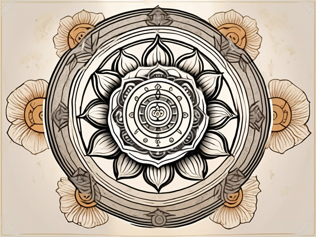 A tibetan buddhist wheel of life encircled by a lotus flower