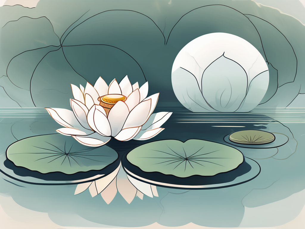 A serene lotus flower floating on a calm pond with a heart-shaped stone nearby