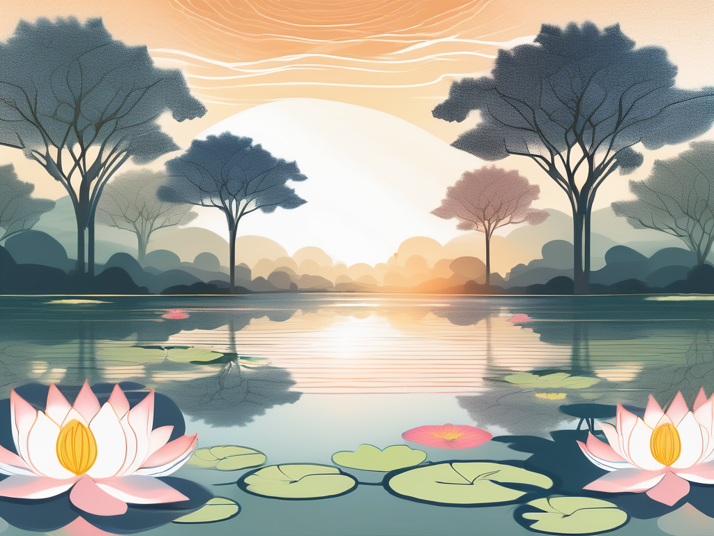 A serene landscape with a lotus flower in full bloom floating on a tranquil pond