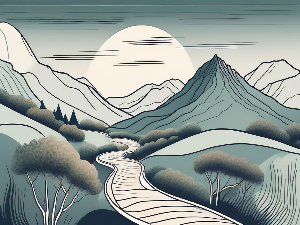 A serene landscape with a path winding up a mountain