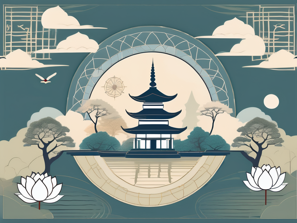 A peaceful landscape featuring iconic buddhist symbols and architecture