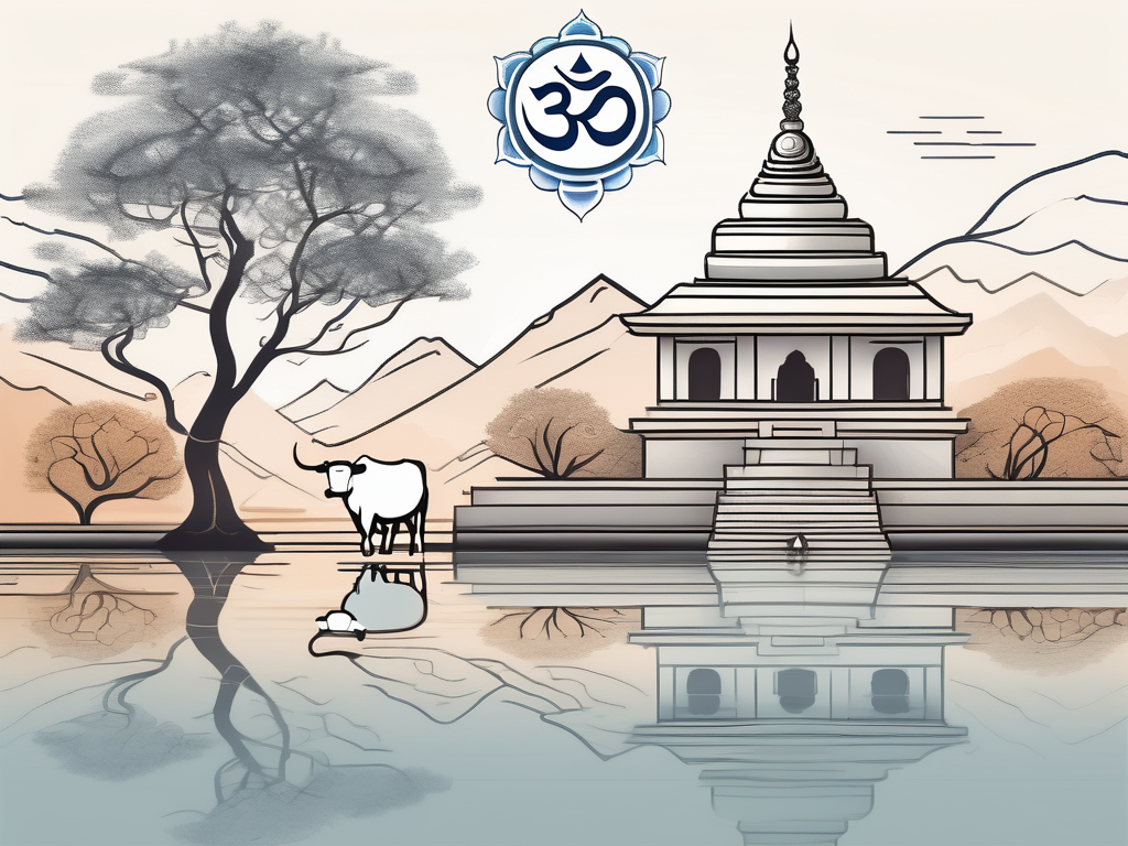 A serene landscape with key symbols of hinduism such as a lotus flower