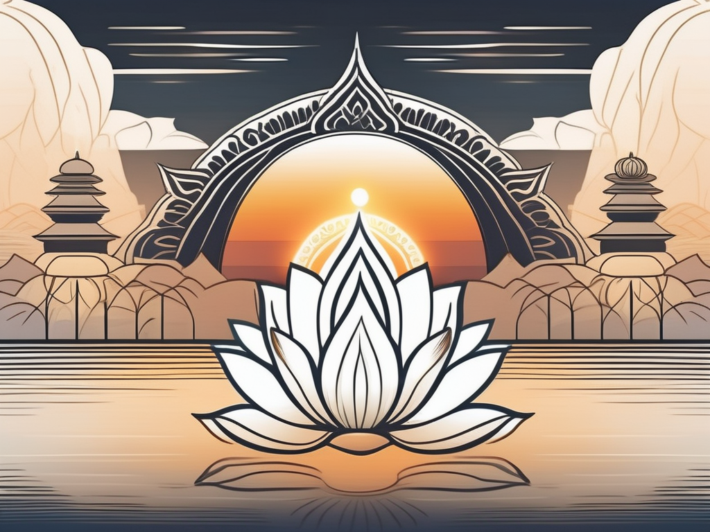 A serene landscape with prominent hindu symbols such as a lotus flower