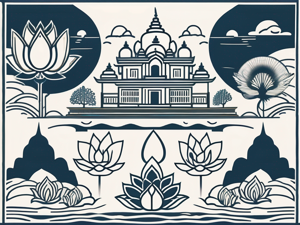 Various symbolic elements associated with hinduism such as a lotus flower