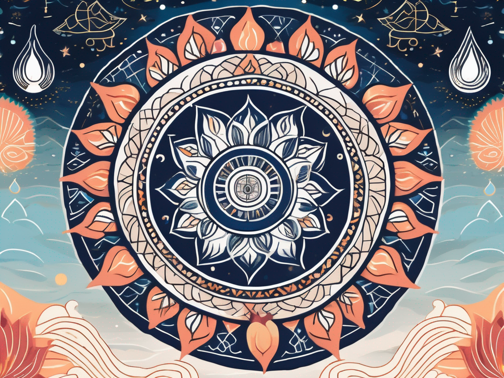 A vibrant tapestry featuring key symbols from hindu mythology such as the lotus flower