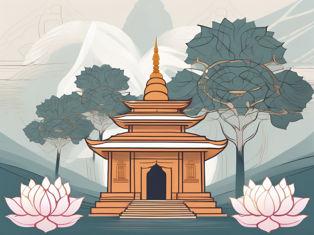 A tranquil temple scene with a bodhi tree