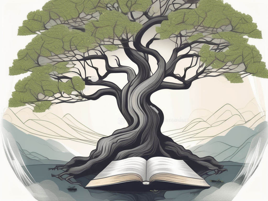 A serene landscape with a large bodhi tree and a book resting on one of its branches