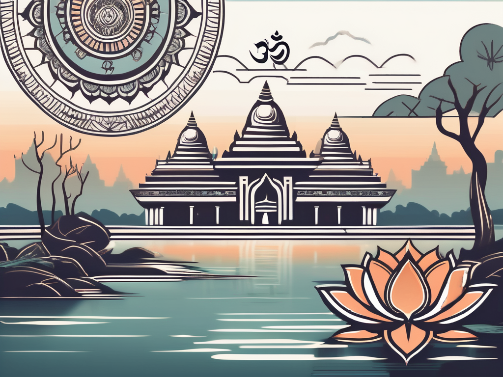An ancient indian landscape with significant hindu symbols such as a lotus flower