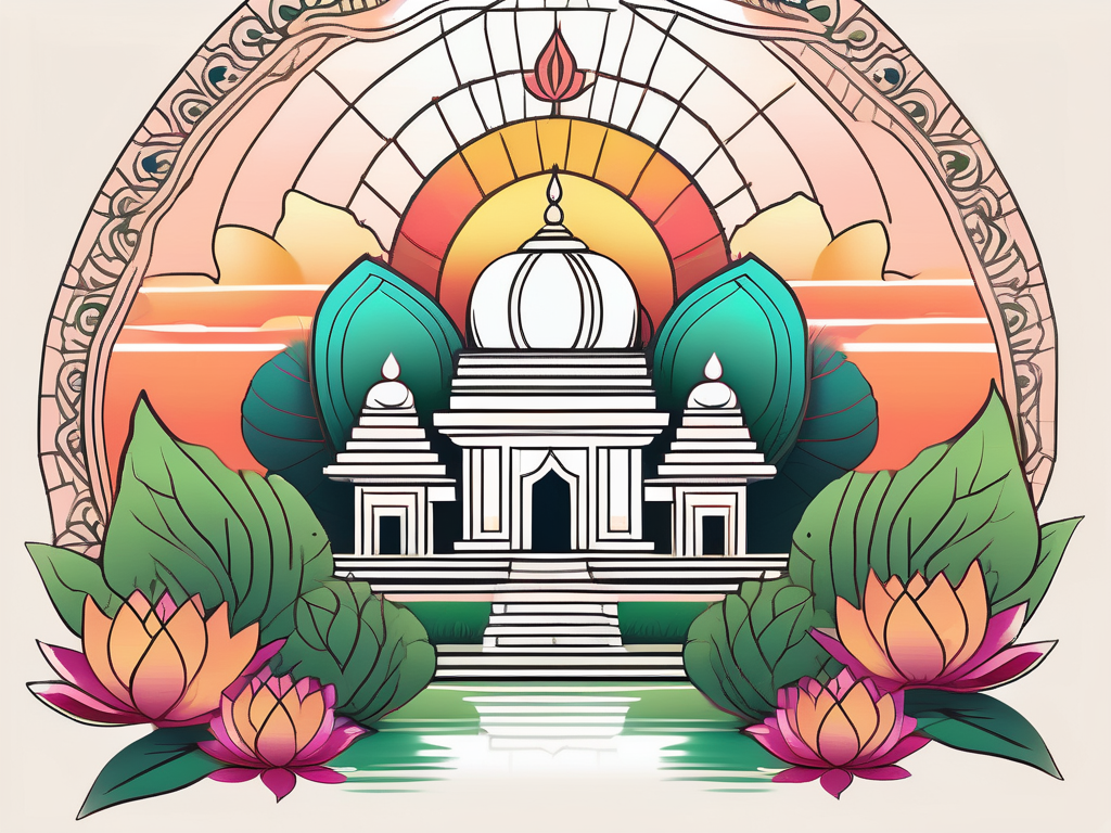 A serene and vibrant landscape depicting a sunrise over a sacred hindu temple