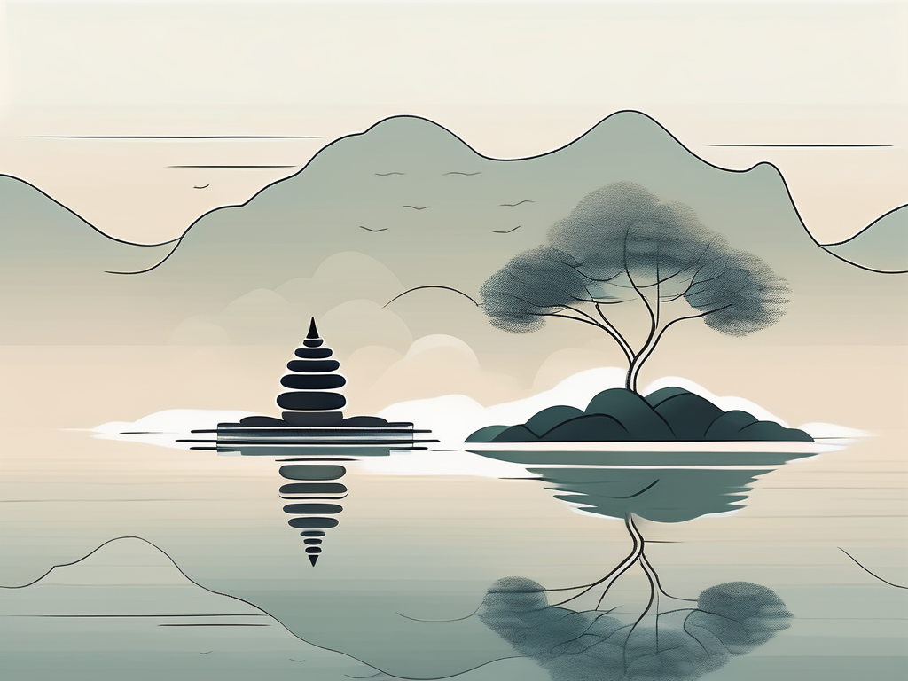 A tranquil and serene landscape with a balanced scale in the foreground