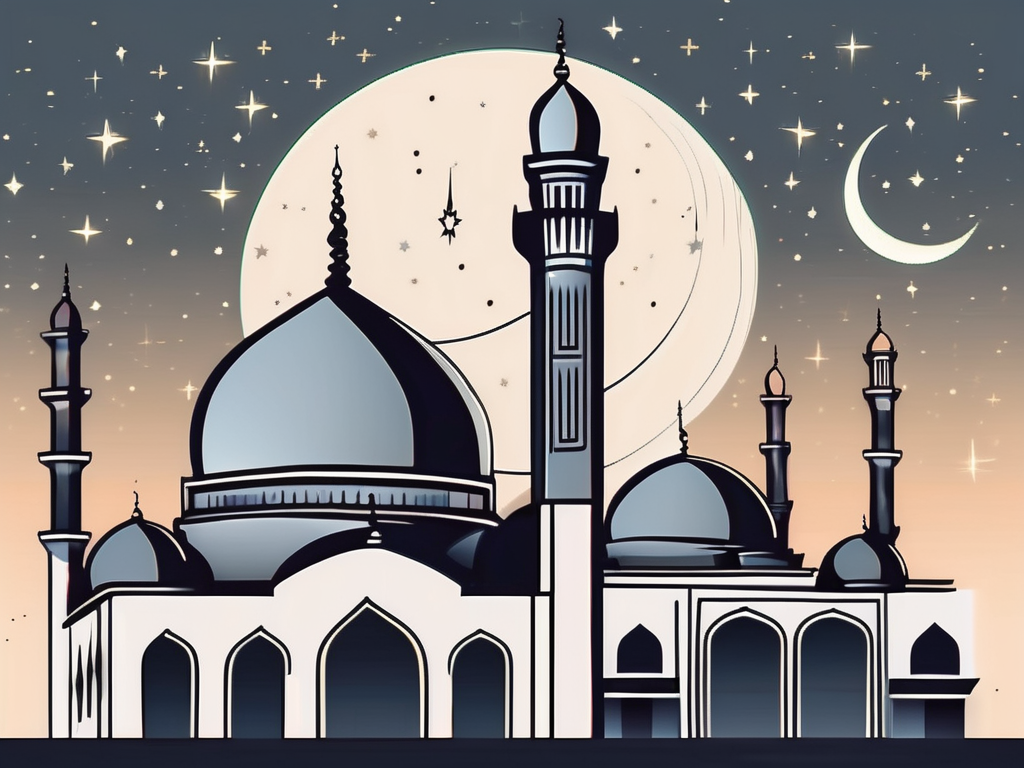 A mosque with a crescent moon and star symbol in the night sky