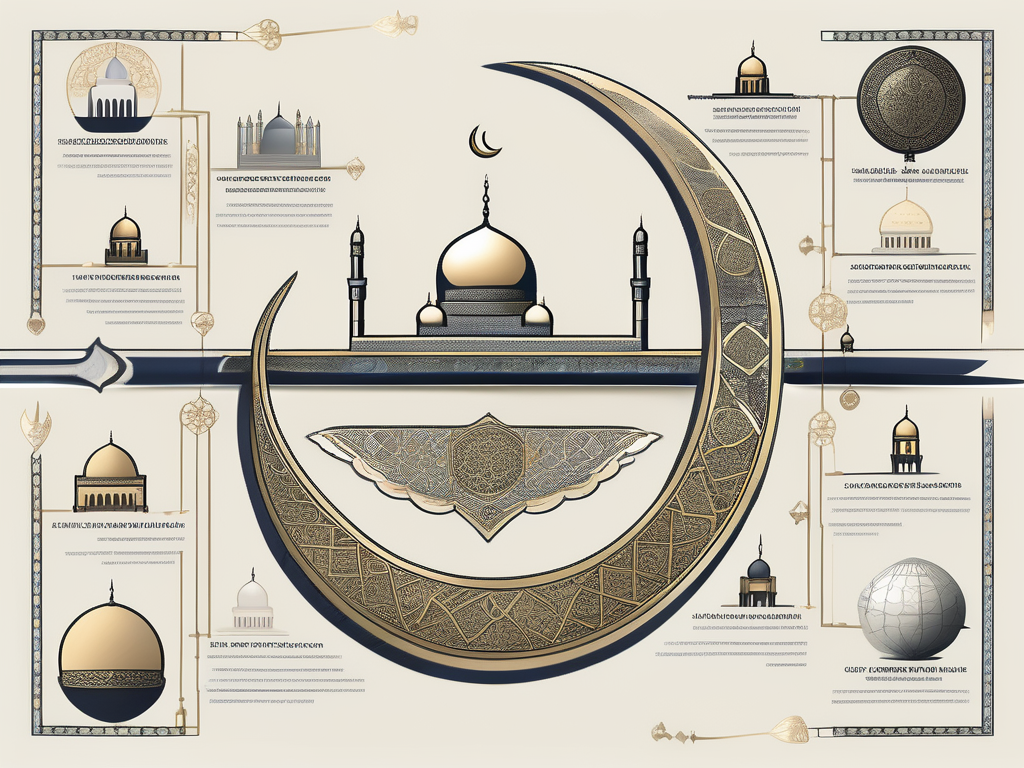 A timeline with symbolic representations of key periods in islamic history such as the founding of islam