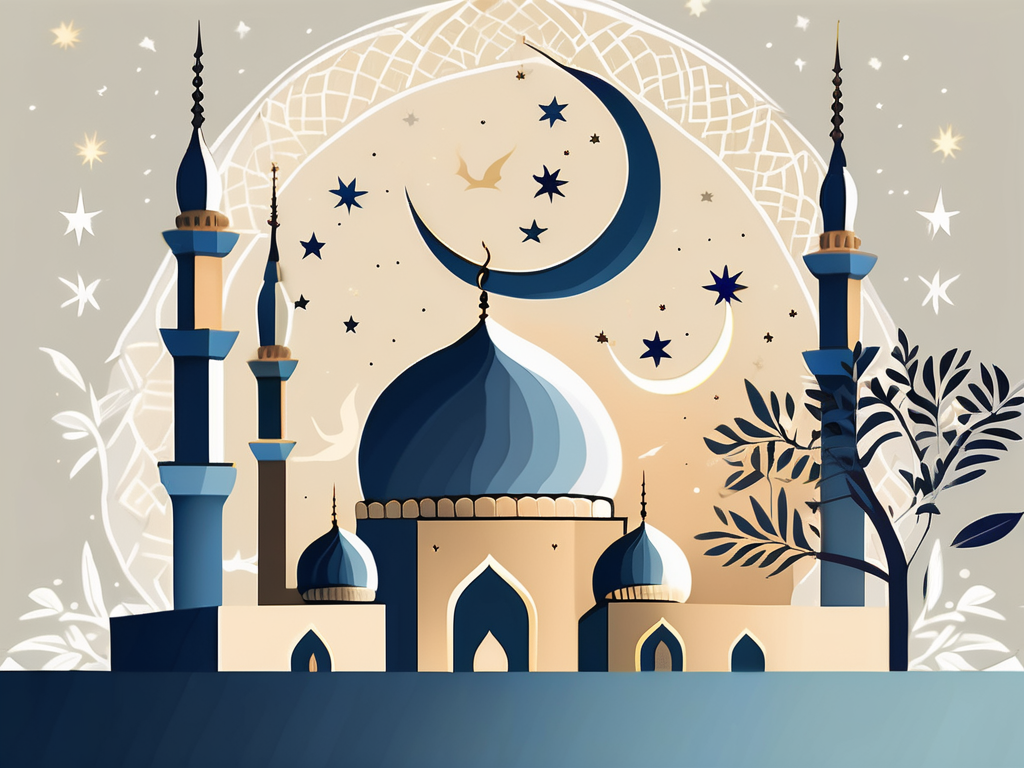 An islamic mosque with crescent moons and stars in the night sky