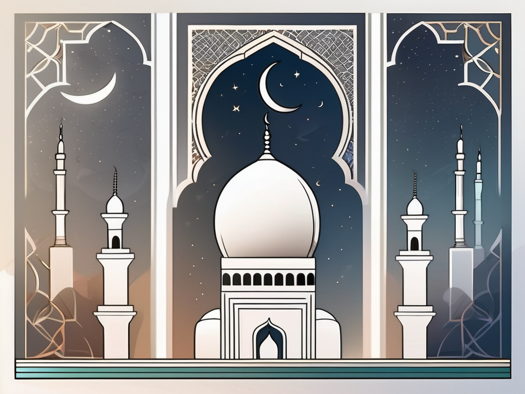 A tranquil mosque with a crescent moon overhead