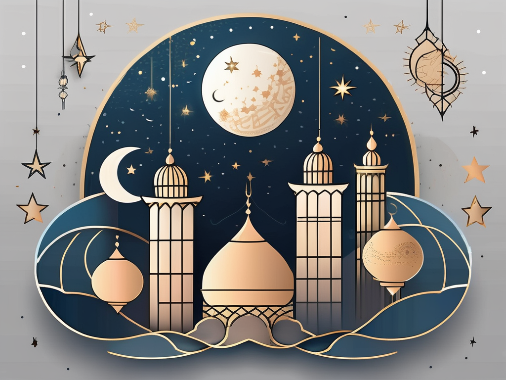 A lunar cycle with islamic symbols like a crescent moon and star