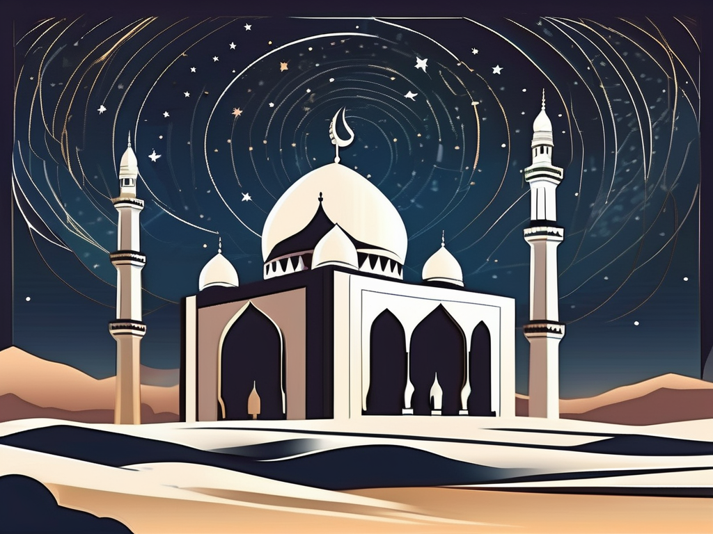 An ancient arabian landscape with a silhouette of a mosque under a starlit sky