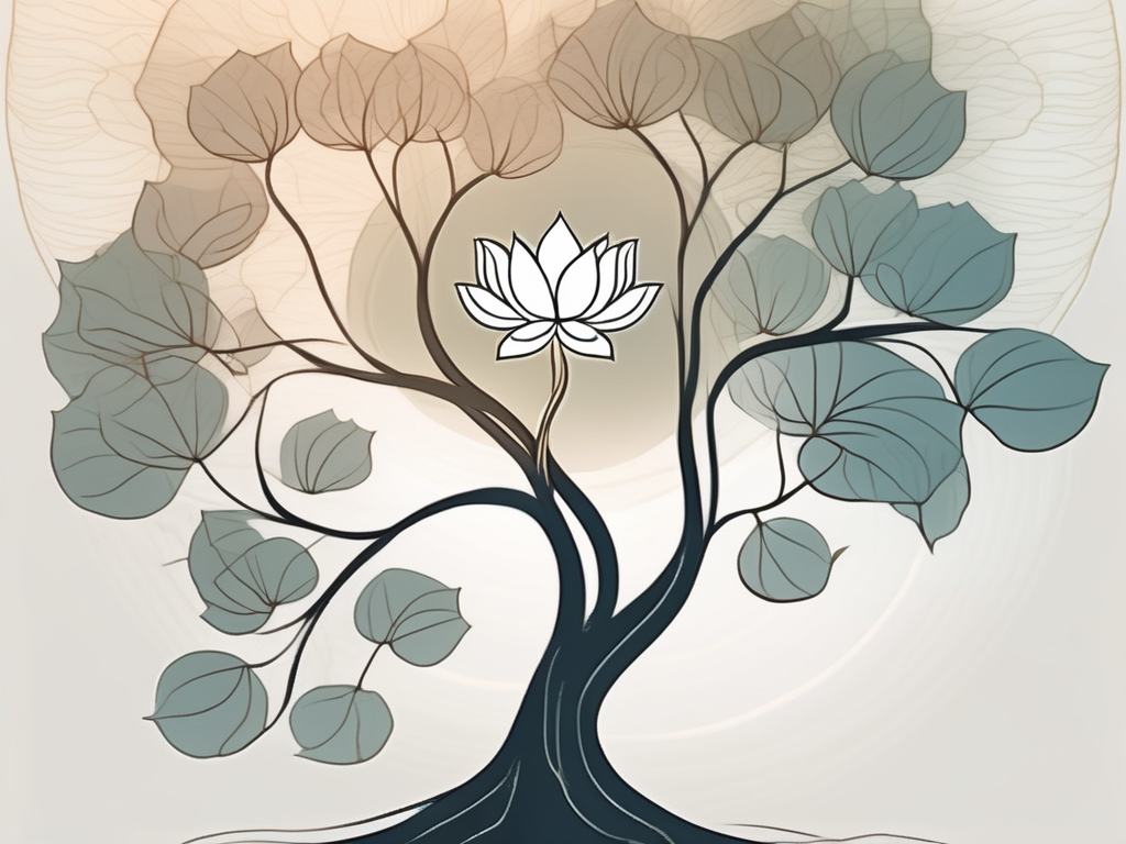 A serene bodhi tree under which a lotus flower is blooming