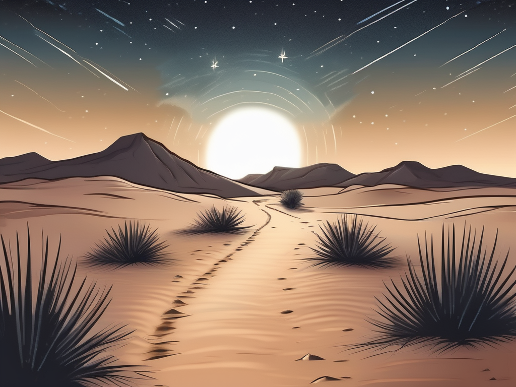 A dimly lit path leading through a desert