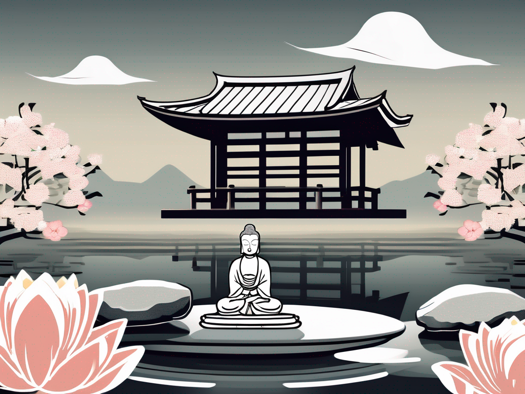A tranquil japanese zen garden with a buddha statue