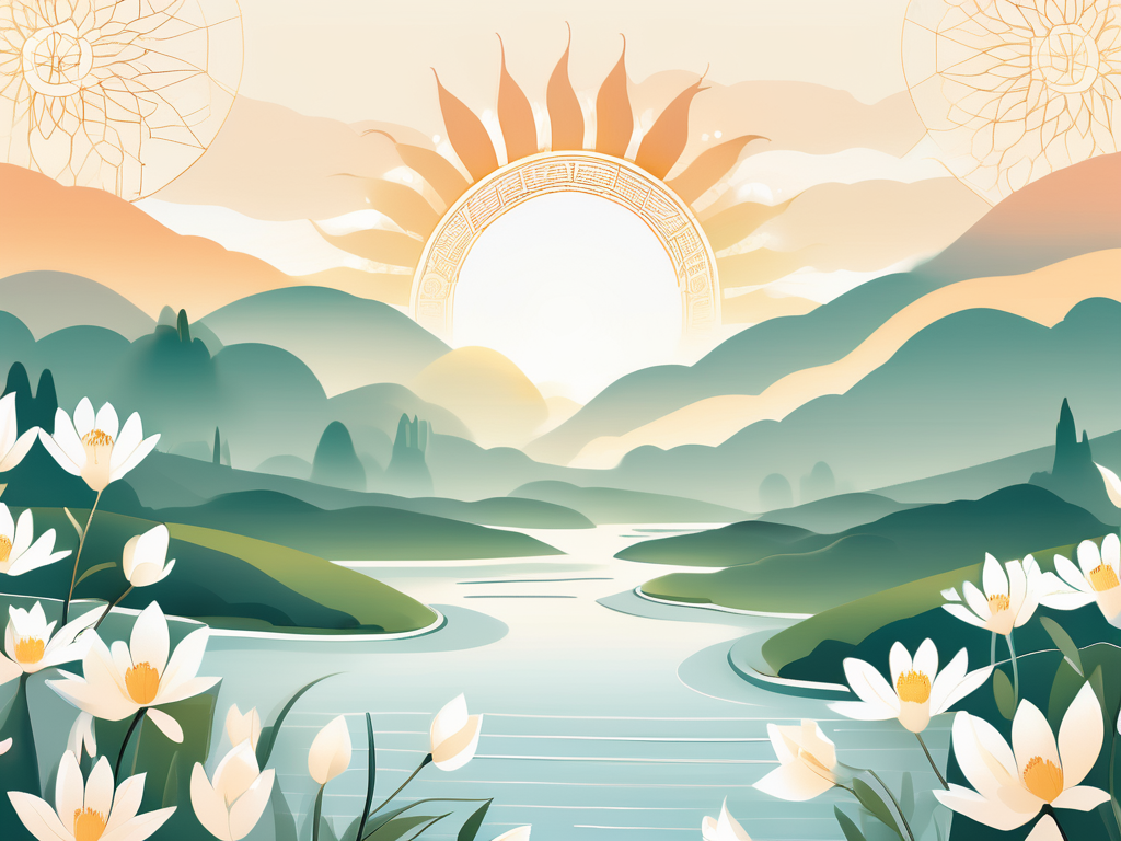 A serene and beautiful landscape with a radiant sun rising over it