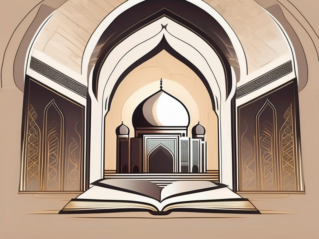 An ancient islamic mosque with open books and a symbolic representation of a light
