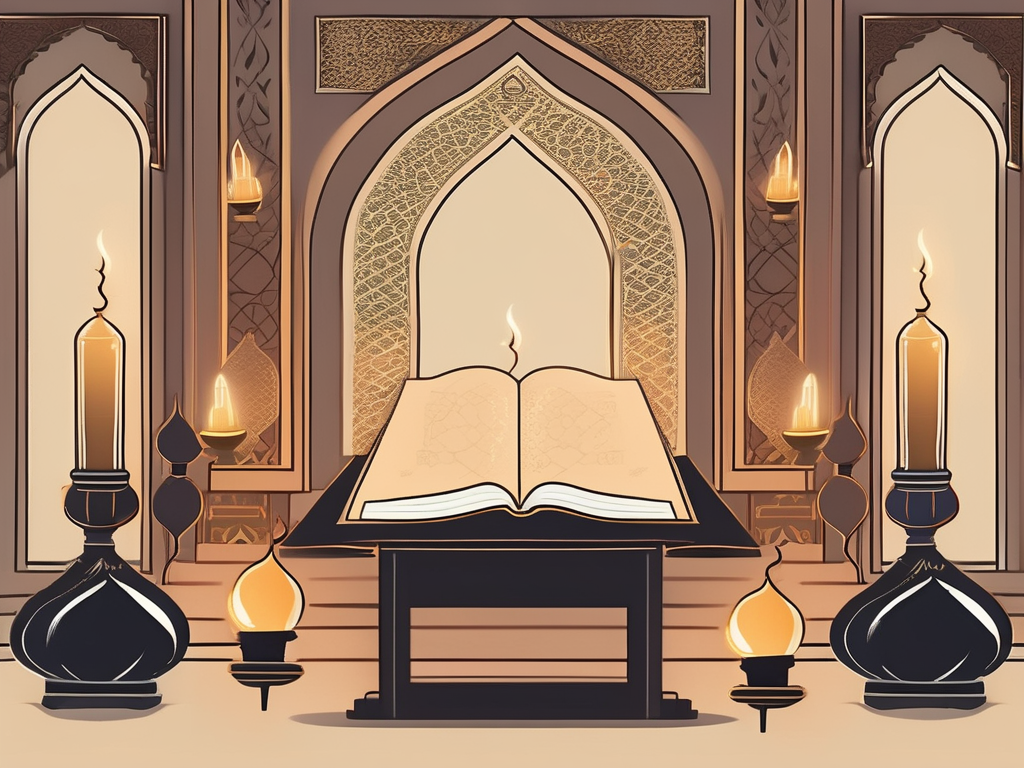 An ancient islamic classroom setting with a book opened on a lectern