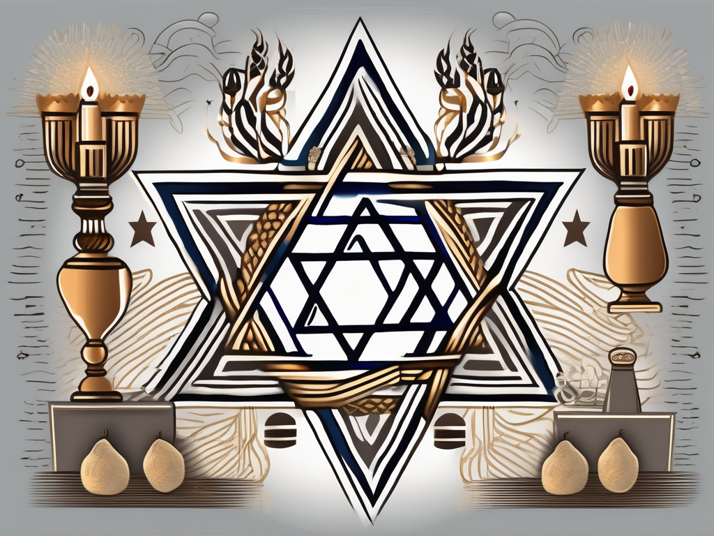 A star of david surrounded by symbolic items from judaism such as a menorah