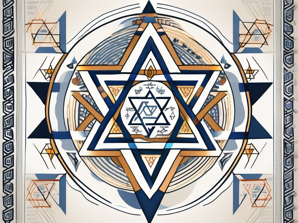 A star of david intertwined with various symbols representing culture and religion