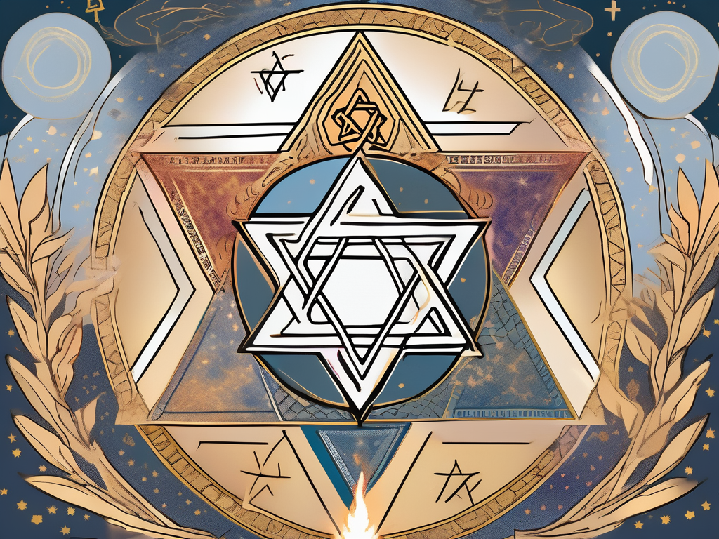 A star of david surrounded by symbolic elements such as a burning bush