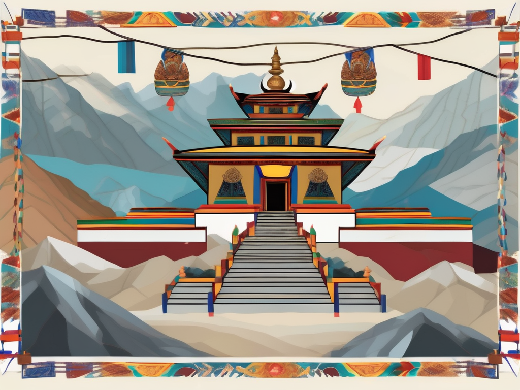 A serene tibetan landscape with a prominent