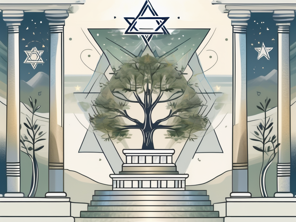 A serene landscape with symbolic elements such as a star of david