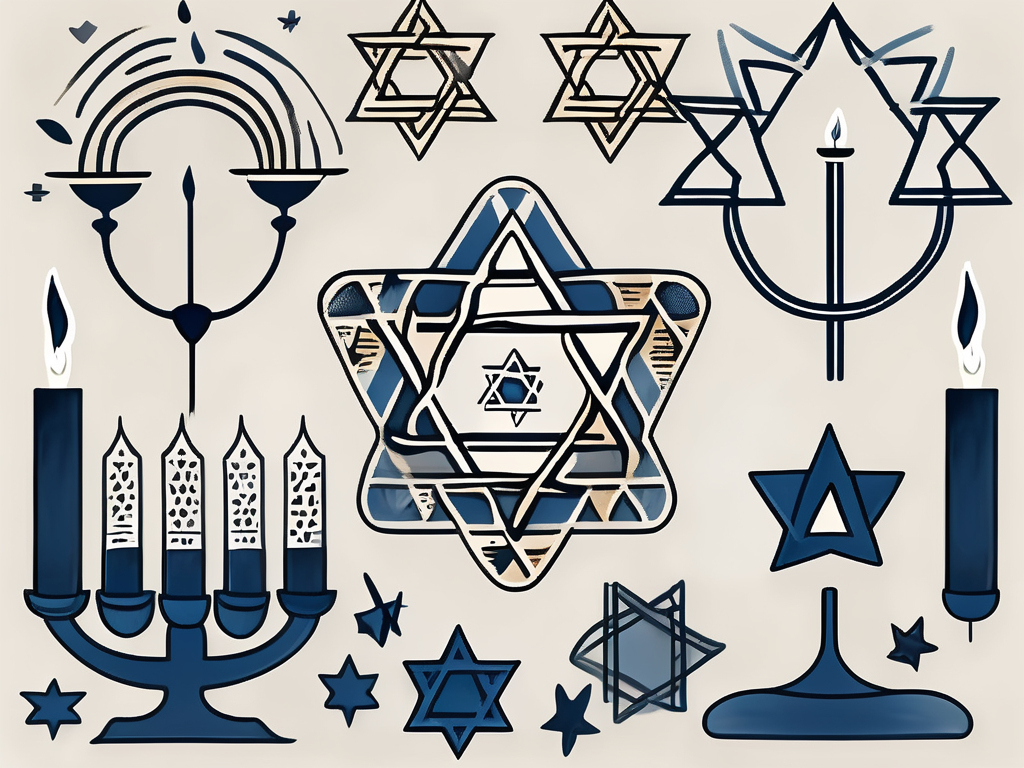 Various symbols representing different branches of judaism such as a menorah