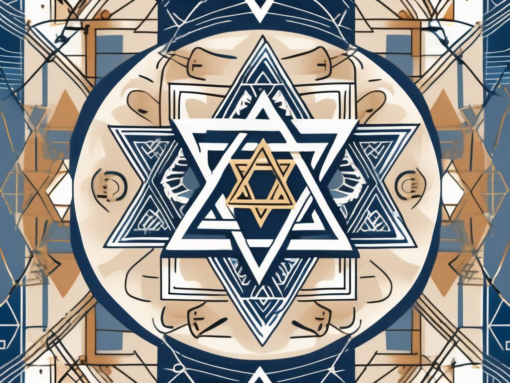 A star of david intertwined with symbols of tradition such as the torah