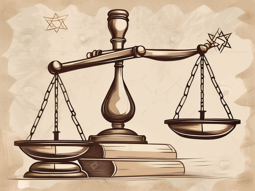 A balanced scale with a star of david on one side and a gavel on the other