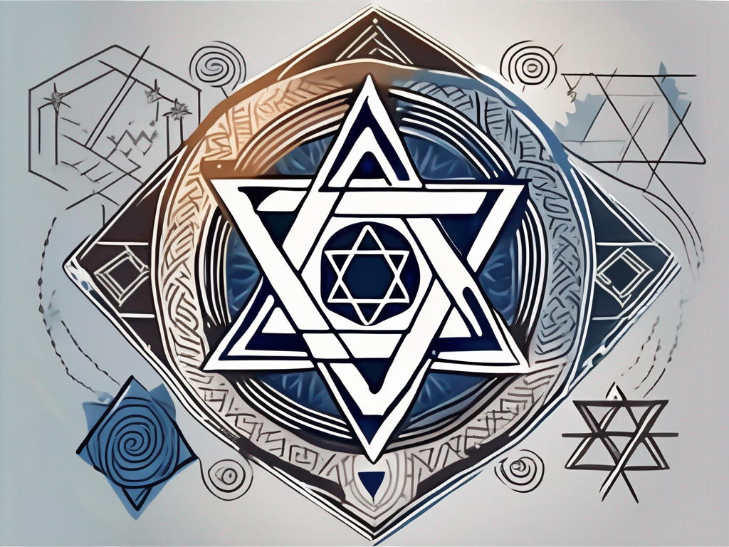 A star of david surrounded by symbolic elements like the torah
