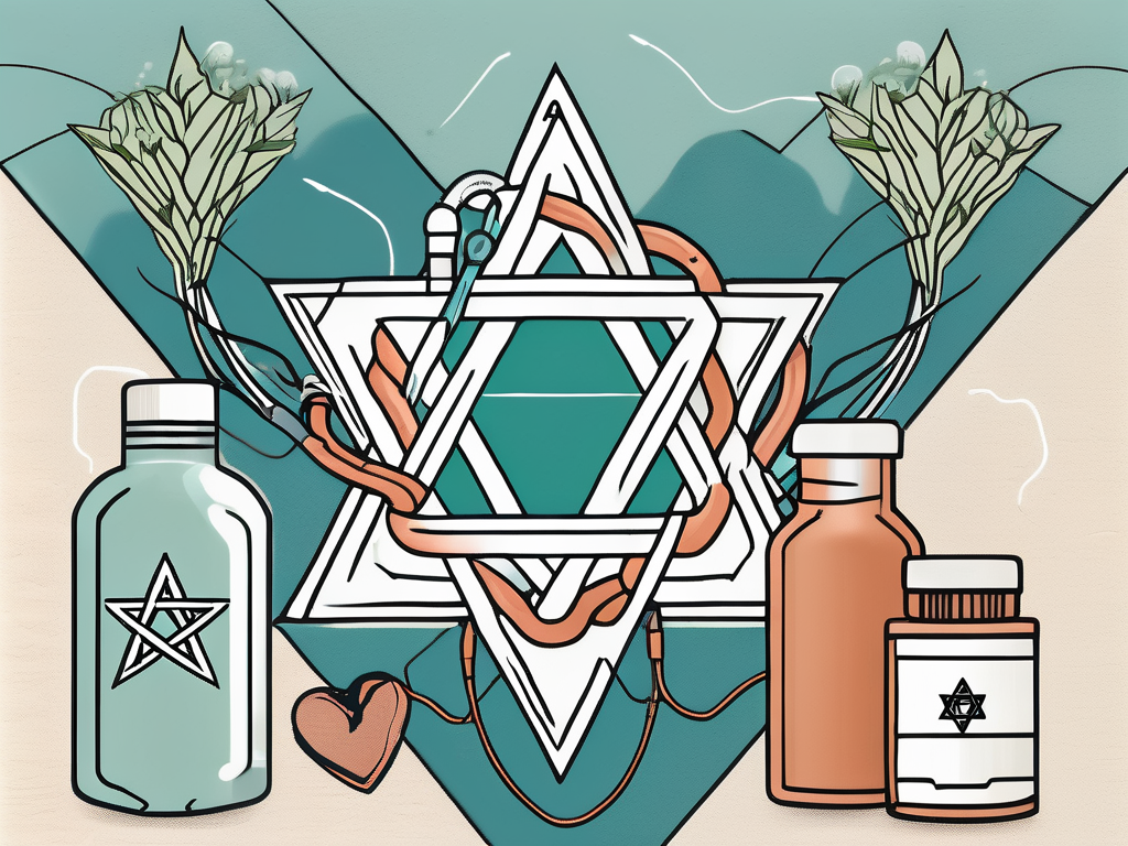 A star of david intertwined with a medical symbol like a caduceus