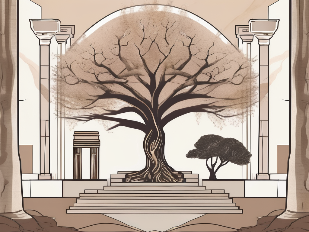 An ancient jewish temple with two symbolic objects in the foreground: a barren tree symbolizing hannah's initial infertility and a blooming tree symbolizing her eventual blessing with a son