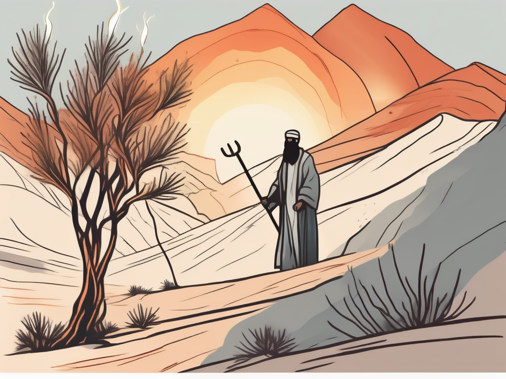 A desert scene with a burning bush and a shepherd's staff