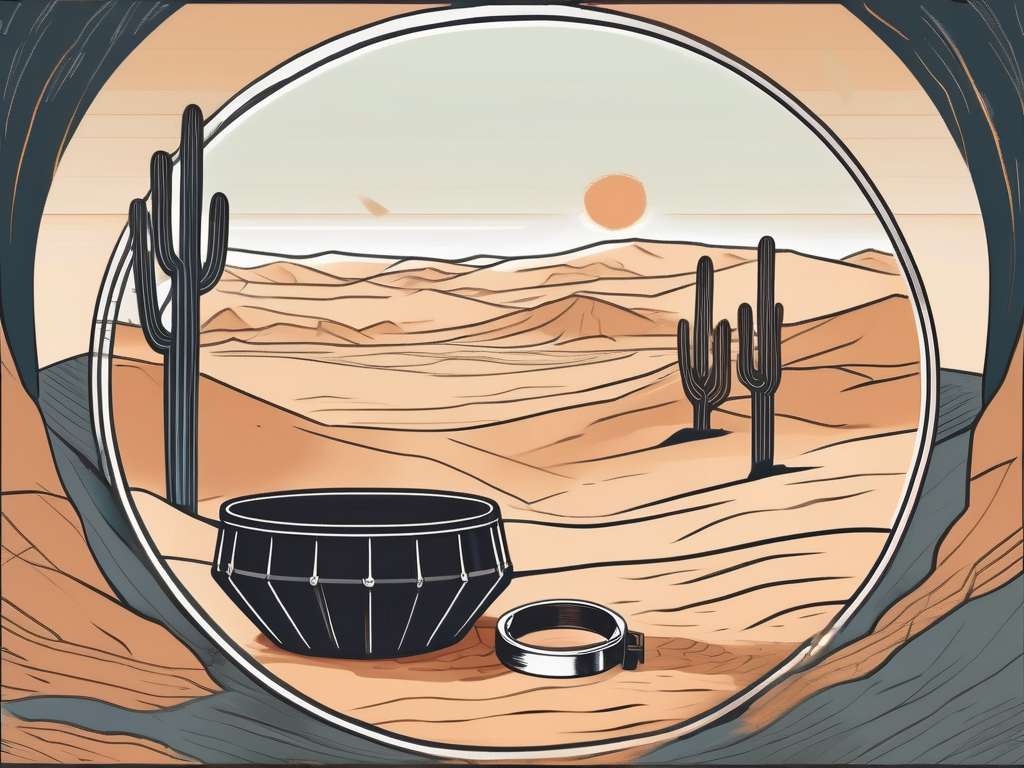 A desert landscape with a well in the foreground and a tambourine lying next to it