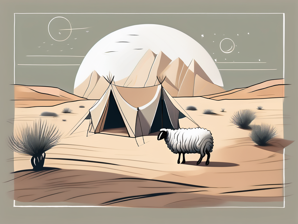 An ancient tent set in a desert landscape
