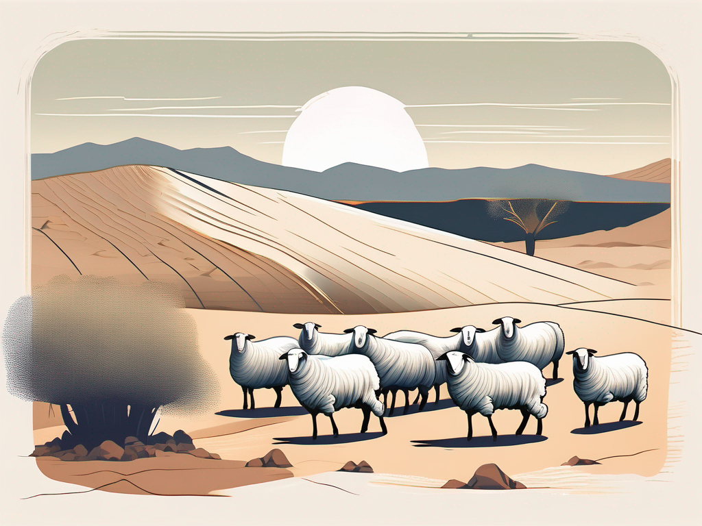 An ancient desert landscape with a well and a flock of sheep
