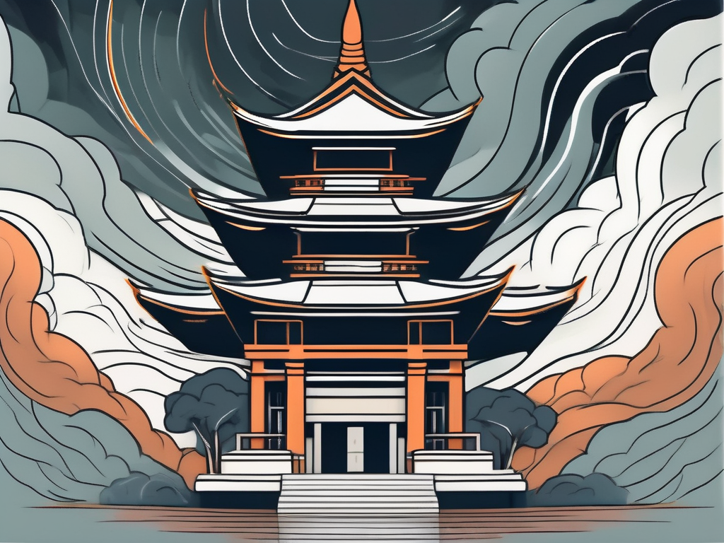 A serene buddhist temple surrounded by a turbulent storm