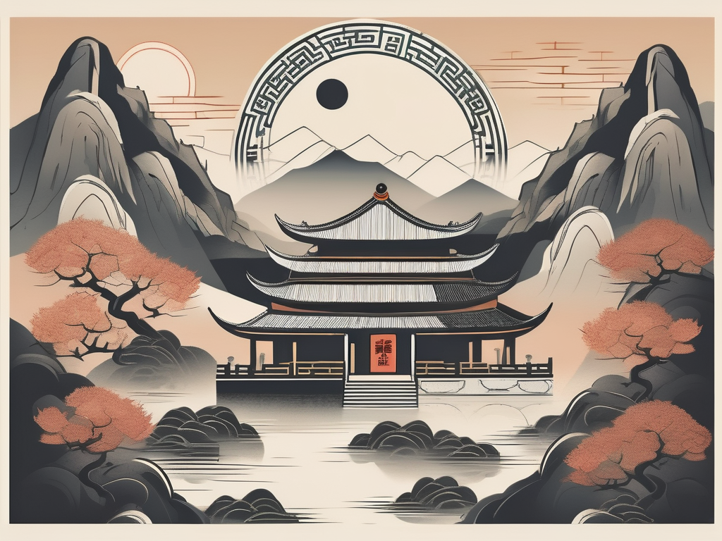 An ancient chinese landscape with a taoist temple nestled among mountains